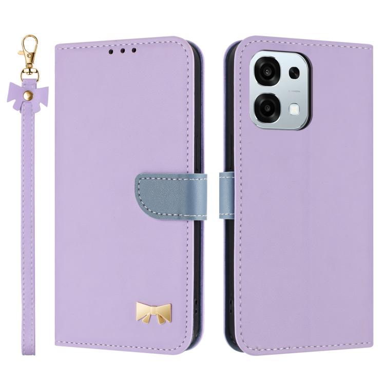 Purple leather folio phone case with metal bow charm and wrist strap, flip cover
