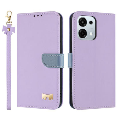 Purple leather folio phone case with metal bow charm and wrist strap, flip cover