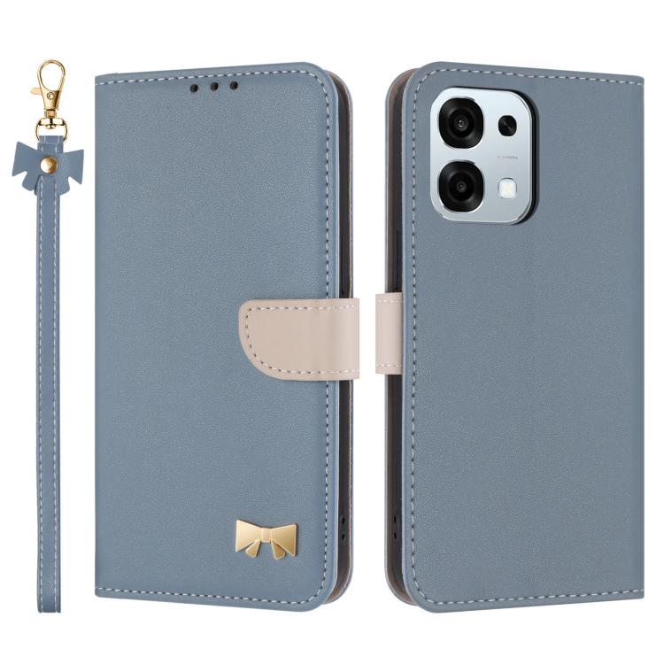 Dark blue leather folio phone case with metal bow charm and wrist strap, flip cover