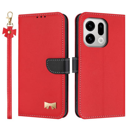 Red leather-look phone case with metal bow, hand strap, and foldover flap