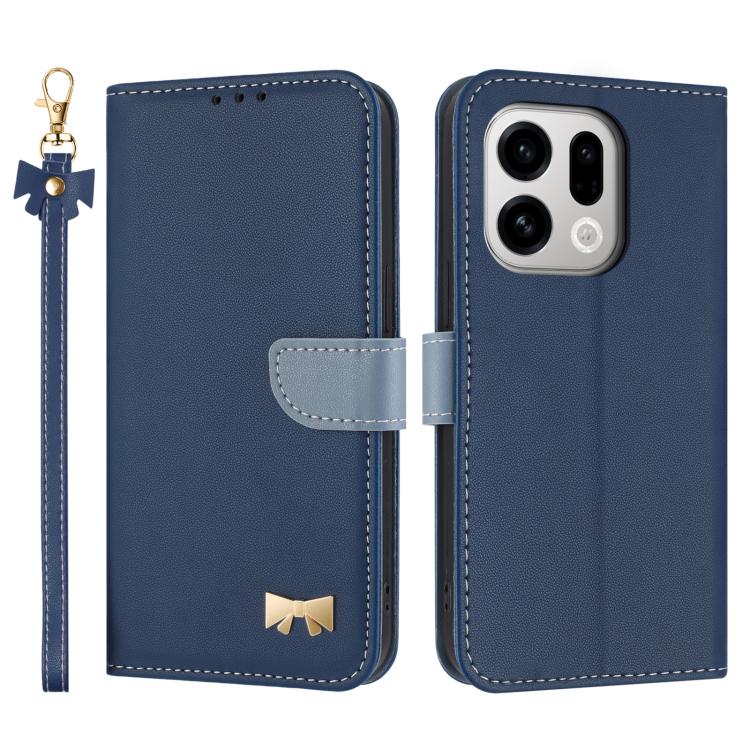 Dark blue leather-look phone case with metal bow, hand strap, and camera cutout