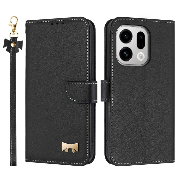 Black leather folio phone case with metal bow charm and wrist strap, flip cover