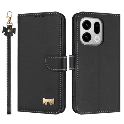 Black leather folio phone case with metal bow charm and wrist strap, flip cover