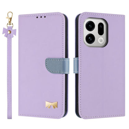 Purple leather folio phone case with metal bow charm and wrist strap, flip cover