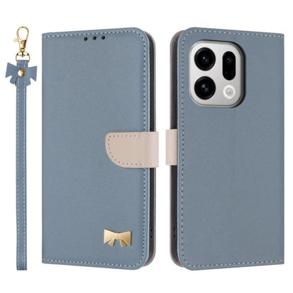 Light blue leather folio phone case with metal bow charm and wrist strap, flip cover