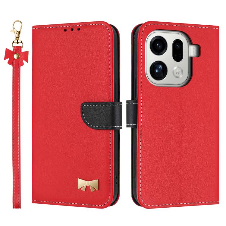 Red leather flip phone case with hand strap and metal bow charm, card holder flap