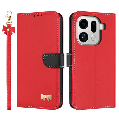 Red leather flip phone case with hand strap and metal bow charm, card holder flap