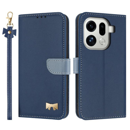 Dark blue leather flip phone case with hand strap and metal bow charm, card holder flap
