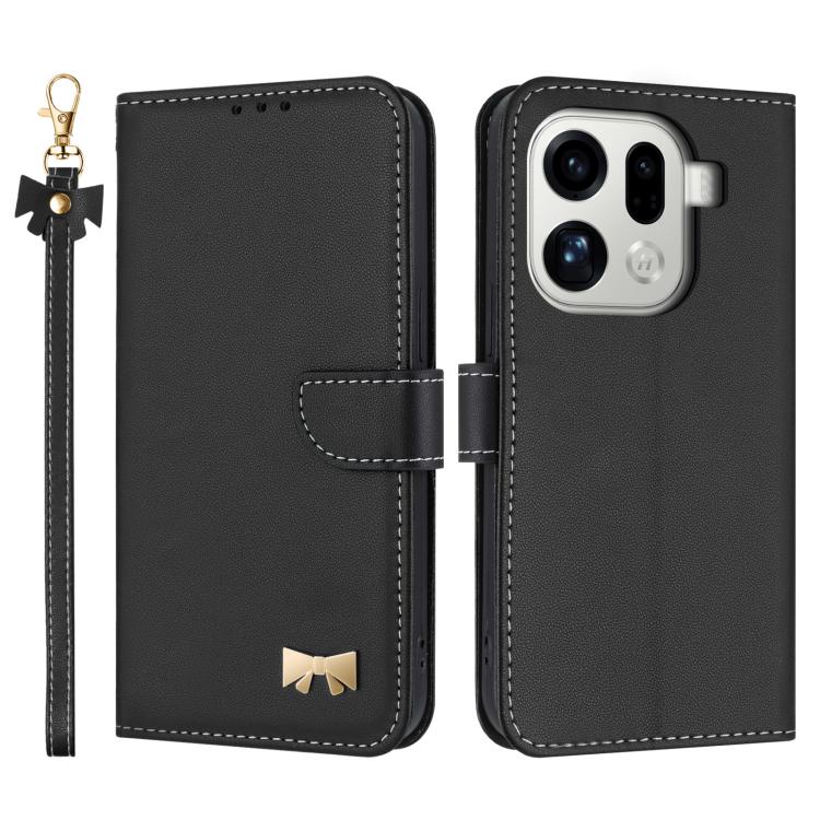 Black leather flip phone case with hand strap and metal bow charm, card holder flap
