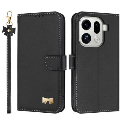 Black leather flip phone case with hand strap and metal bow charm, card holder flap