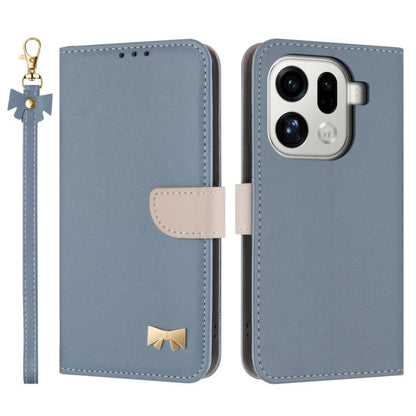 Light blue leather flip phone case with hand strap and metal bow charm, card holder flap
