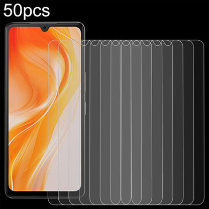 50-pack 0.3mm tempered glass screen protectors; multiple clear sheets shown
