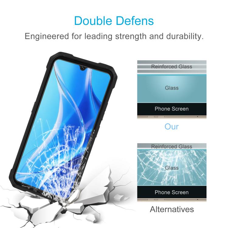 Tempered glass screen protector film with reinforced glass shown on phone screen