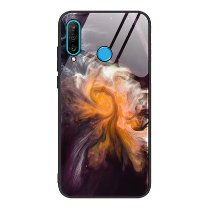 Marble-pattern glass phone case with orange and purple swirls, blue camera and power cutouts