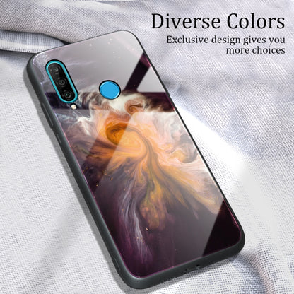 Marble-pattern glass phone case with fiery orange cloud design, blue camera and power cutouts