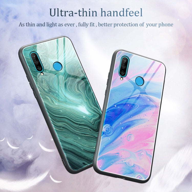 Marble-pattern glass phone case, teal and blue swirls design; dual camera and power cutouts