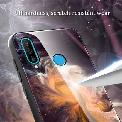 Marble-pattern glass phone case with orange-and-purple flame swirls; blue camera and power cutouts