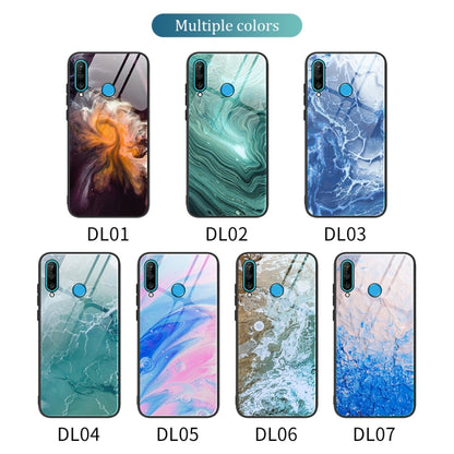 Marble-pattern glass phone cases shown in multiple colors, with blue camera and power cutouts