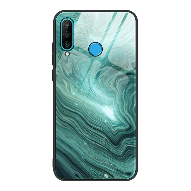 Marble-pattern glass phone case with teal wavy marbling; blue camera and power cutouts