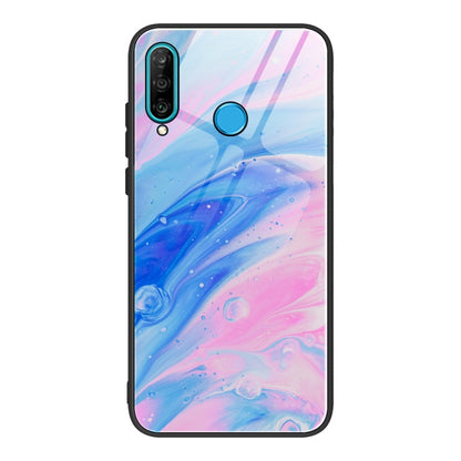 Marble pattern glass phone case with blue and pink swirls, black edges, camera cutouts.