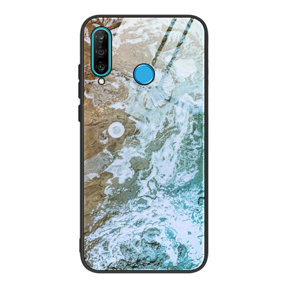 Marble pattern glass phone case with green and tan marbling, black frame, camera cutouts.