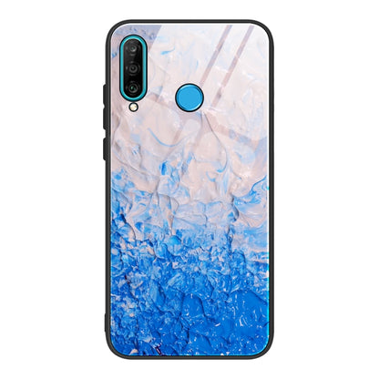 Marble pattern glass phone case with white and blue marbling, black frame, camera cutouts.