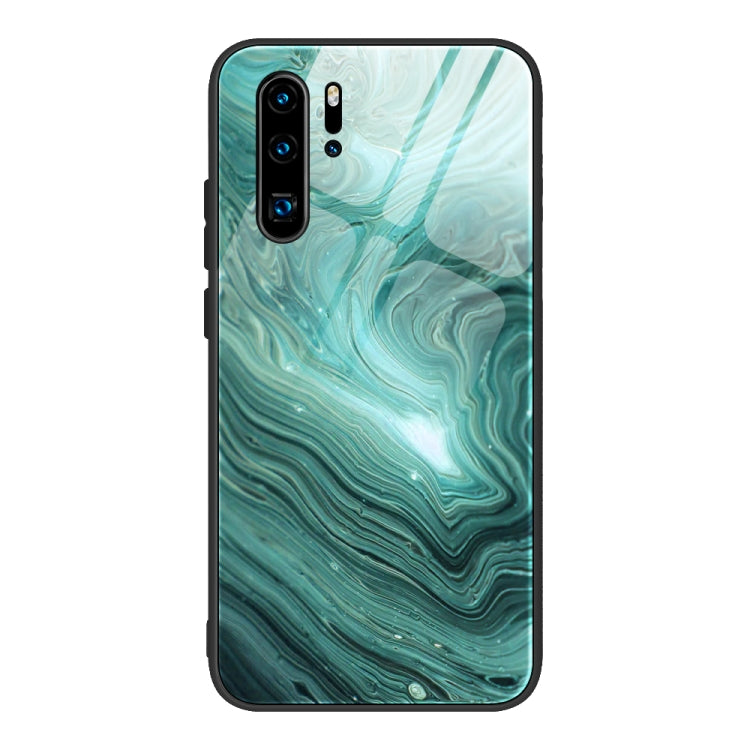 Marble pattern glass phone case with teal green swirls, black frame, camera cutouts.