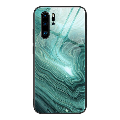 Marble pattern glass phone case with teal green swirls, black frame, camera cutouts.