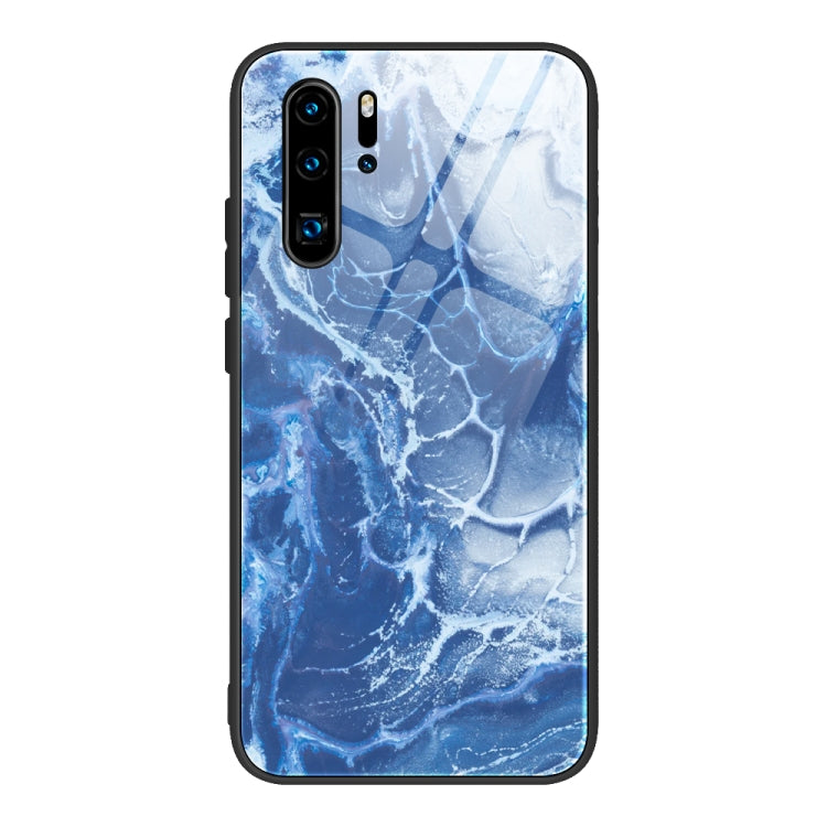Marble pattern glass phone case with deep blue cracked-marble look, black frame, cutouts.