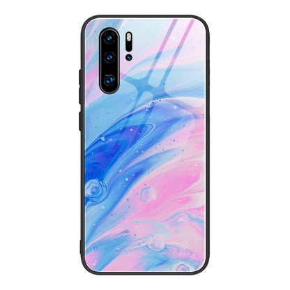 Pink-blue marble glass phone case with black edges, camera cutouts, protective cover.