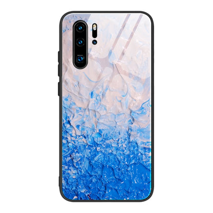 Blue marble glass phone case with white top, black frame, camera cutouts, protective cover.