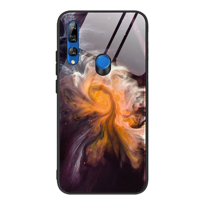 Marble pattern glass phone case with dark outline, dual camera cutouts, blue button
