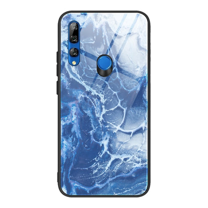 Marble pattern glass phone case with blue marbled texture, dual camera cutouts, blue button