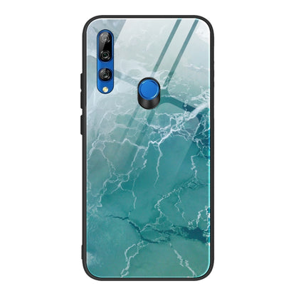 Marble pattern glass phone case with turquoise crackle design, dual camera cutouts, blue button