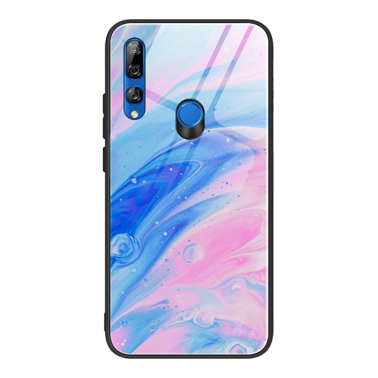 Marble pattern glass phone case with pink and blue swirl, dual camera cutouts, blue button
