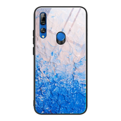 Marble pattern glass phone case with blue crystal marbling, dual camera cutouts, blue button