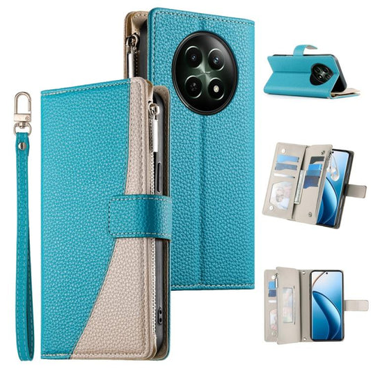 Blue leather zipper wallet phone case with beige card panel and short wrist strap