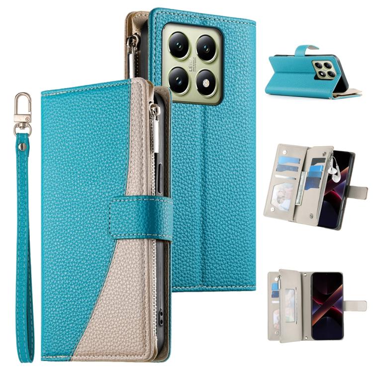 Turquoise leather-style zipper wallet phone case with card slots and wrist strap.