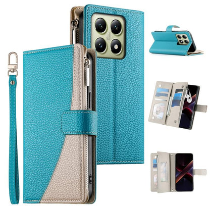 Turquoise leather-style zipper wallet phone case with card slots and wrist strap.