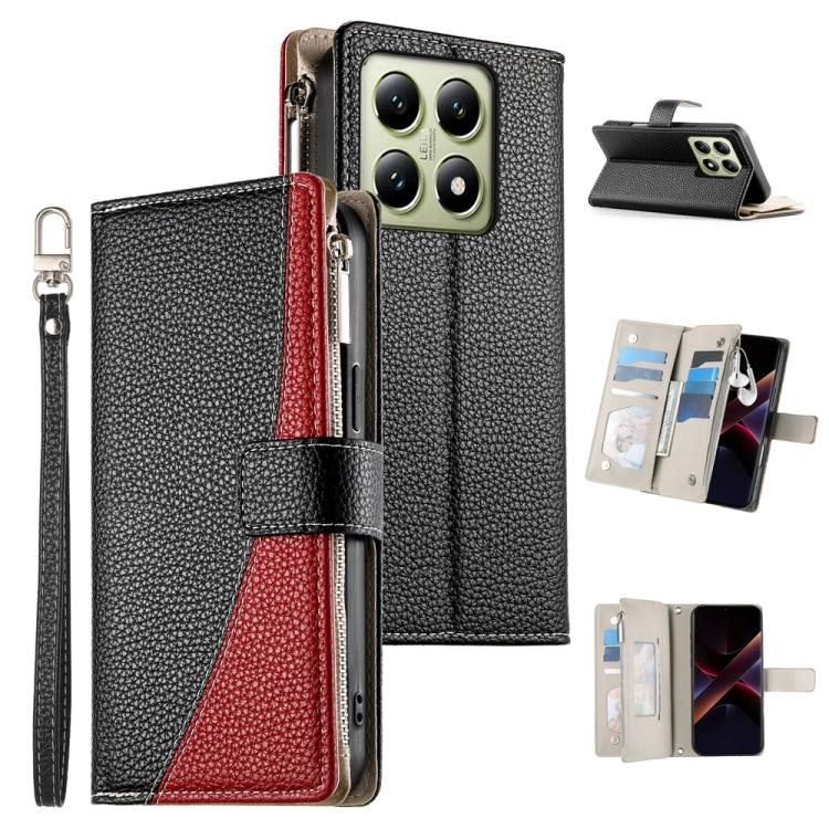 Black leather-style zipper wallet phone case with card slots and wrist strap.