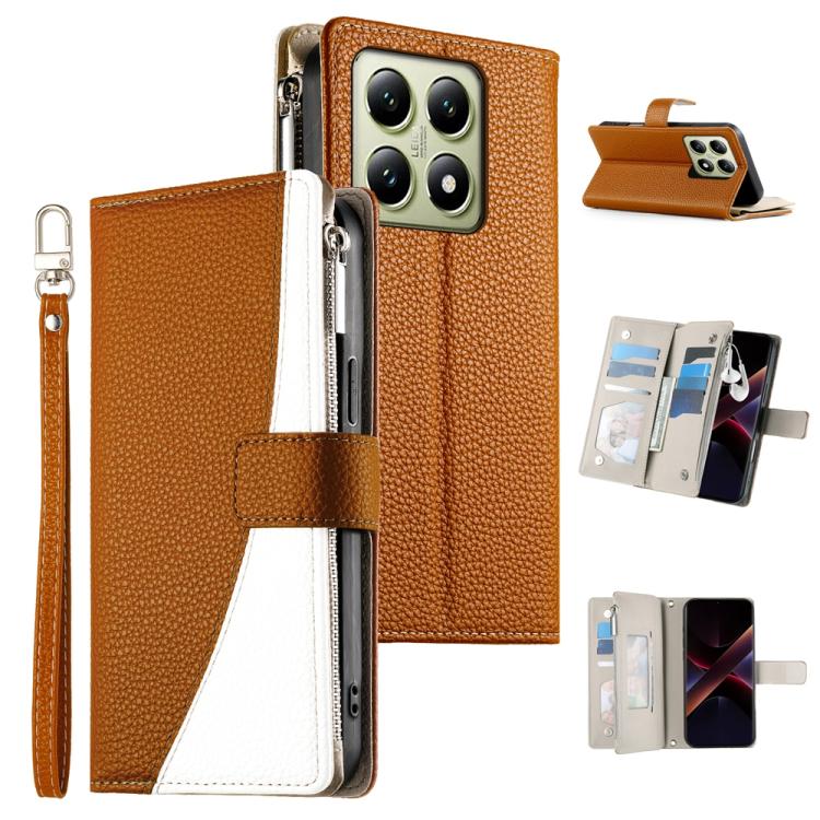 Brown textured zipper wallet phone case with card slots and attached wrist strap.