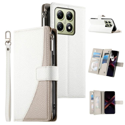 White textured zipper wallet phone case with card slots and attached wrist strap.