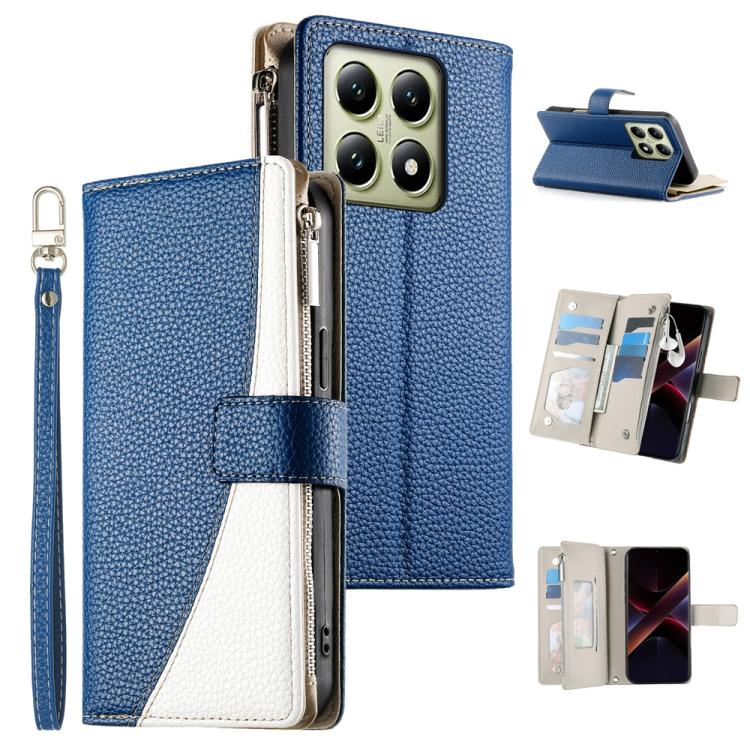 Blue textured zipper wallet phone case with card slots and attached wrist strap.