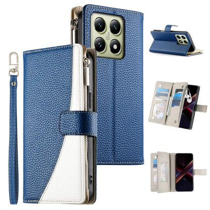 Blue textured zipper wallet phone case with card slots and attached wrist strap.