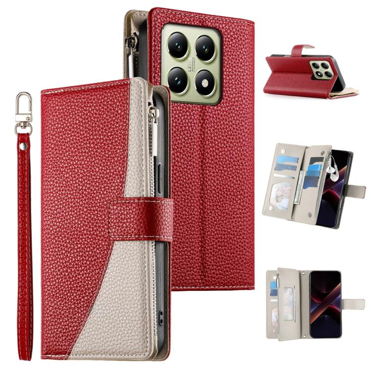 Red textured zipper wallet phone case with card slots and attached wrist strap.