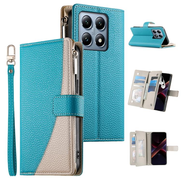 Teal textured leather phone wallet case with zipper, card slots, and wrist strap
