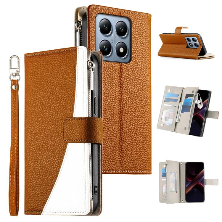 Brown leather-style zipper wallet phone case with card slots and wrist strap.