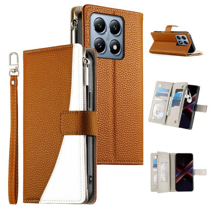 Brown leather-style zipper wallet phone case with card slots and wrist strap.