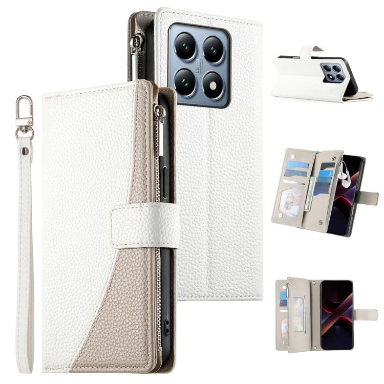 White leather-style zipper wallet phone case with card slots and wrist strap.
