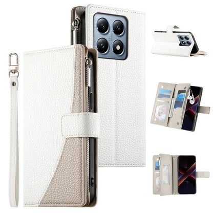 White leather-style zipper wallet phone case with card slots and wrist strap.